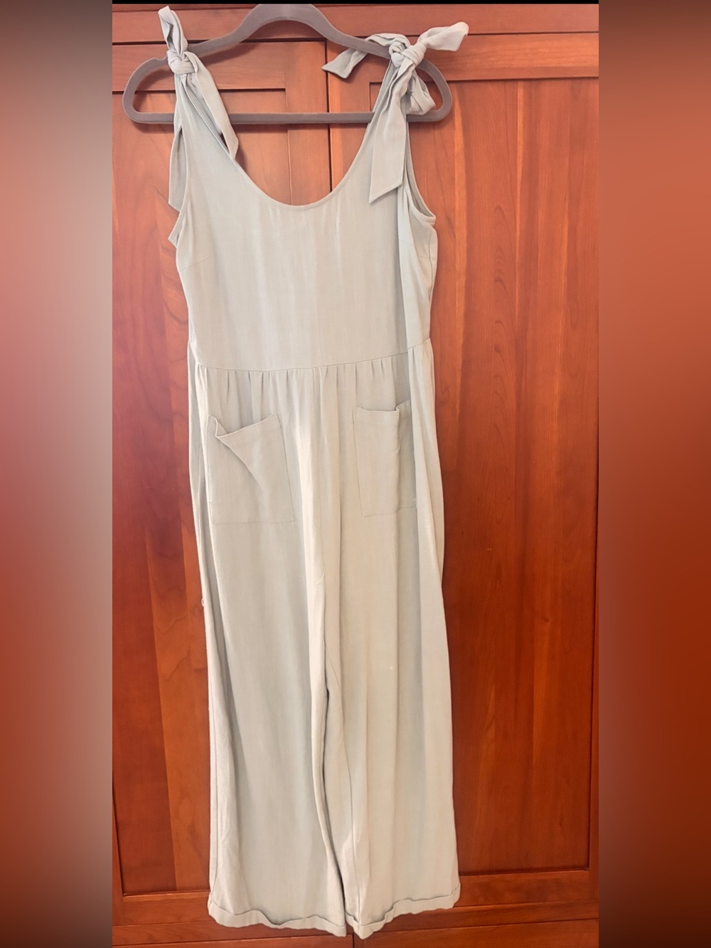 Tie-Shoulder Scoop-Neck Wide-Leg Jumpsuit in Light Sage